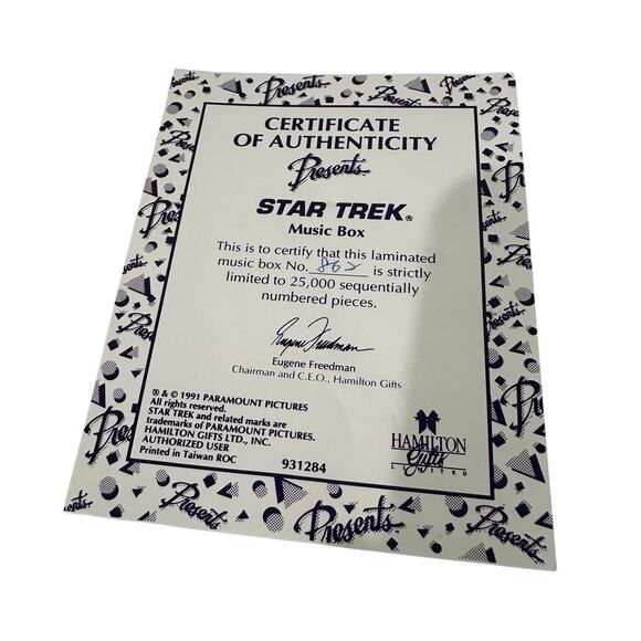 Vintage 1991 Limited Edition Star Trek Music Box Hamilton Gifts 862 of 25,000 - Picture 9 of 10